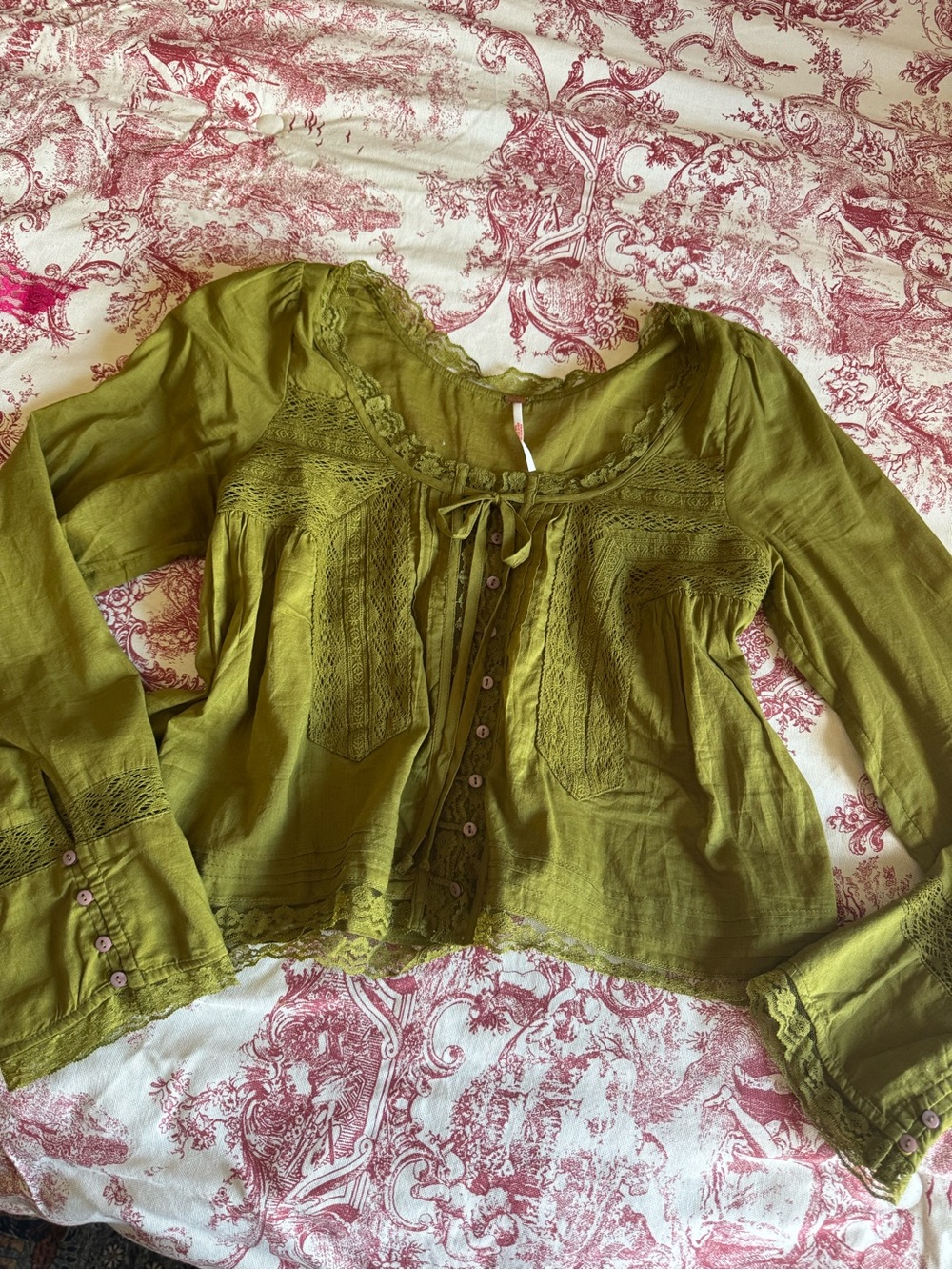 Free People Forevermore Green Moss Lace-Trim Crochet Button Front long sleeve